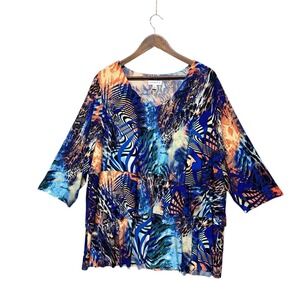 Susan Graver Liquid Knit Top Women's Plus Size 1X V Neck Stretch 3/4 Sleeve Tier